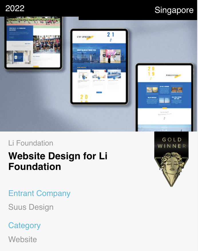 MUSE Design and Creative Award 2022 Gold Winner - website design for Li Foundation - Suus Design Studio